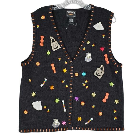 VTG Designers Originals Studio Vest Size Medium M Halloween Sweater Ghosts Candy - Picture 2 of 7